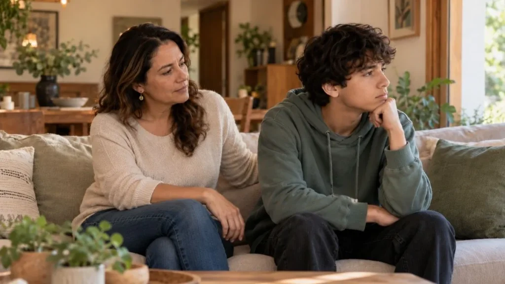 Madre conversa con su hijo adolescente en casa para comprender cómo se siente.