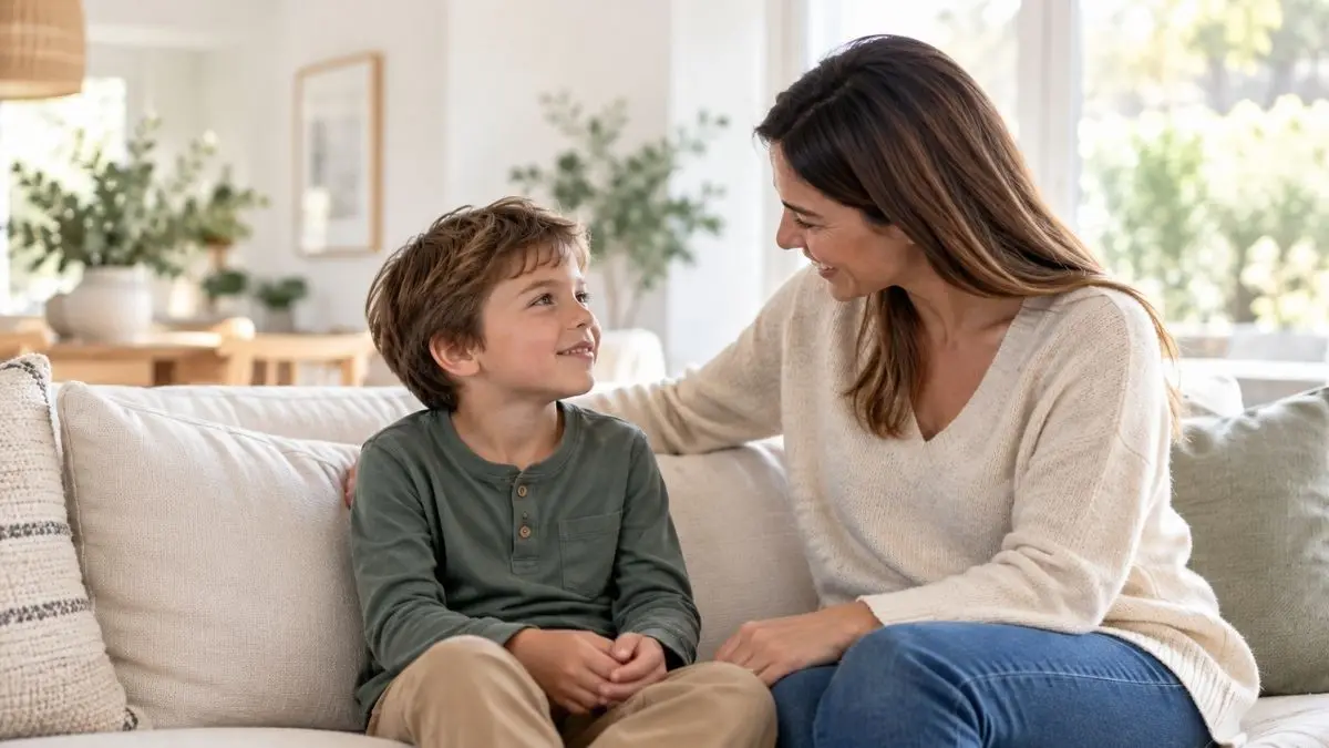 Madre conversa con su hijo pequeño en casa para comprender cómo se siente.